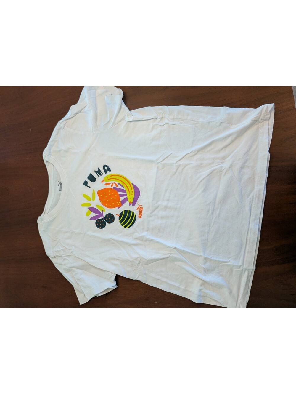 Puma Fruit Graphic T-Shirt Women's Large White Tropical Fruit Logo Tee